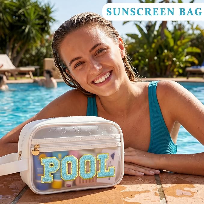 COSHAYSOO Clear POOL Makeup Bag Small Travel Pouch for Women Teenager Girls Pool Accessories Stuff Organizer Preppy Chenille Letter Patch Summer Girly Things - Image 5