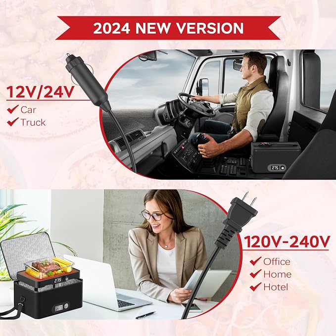 Portable Oven, 12V 24V 110V-240V Car Food Warmer Portable Personal Mini Oven Electric Heated Lunch Box for Meals Reheating & Raw Food Cooking for Road Trip/Camping/Picnic/Family Gathering(Red) - Image 3