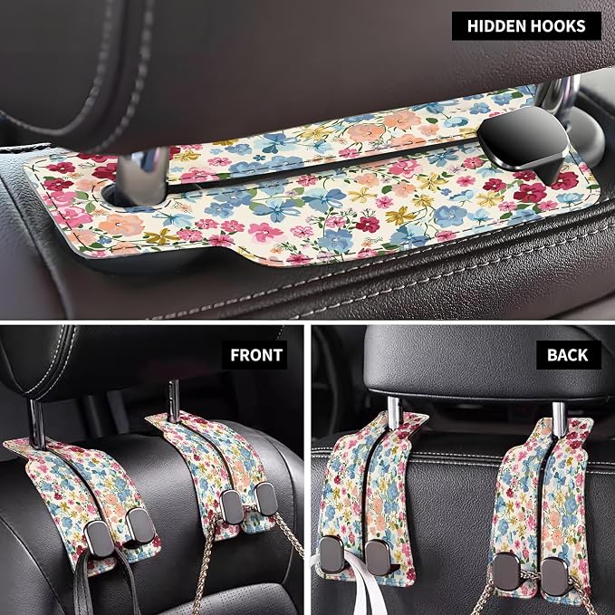 Car Seat Back Storage Headrest Hook, Premium Leather Double Metal Hook, Hanger Storage Organizer for Purse Cloth Bag, Car Interior Accessories Colorful Boho Flowers - Image 4