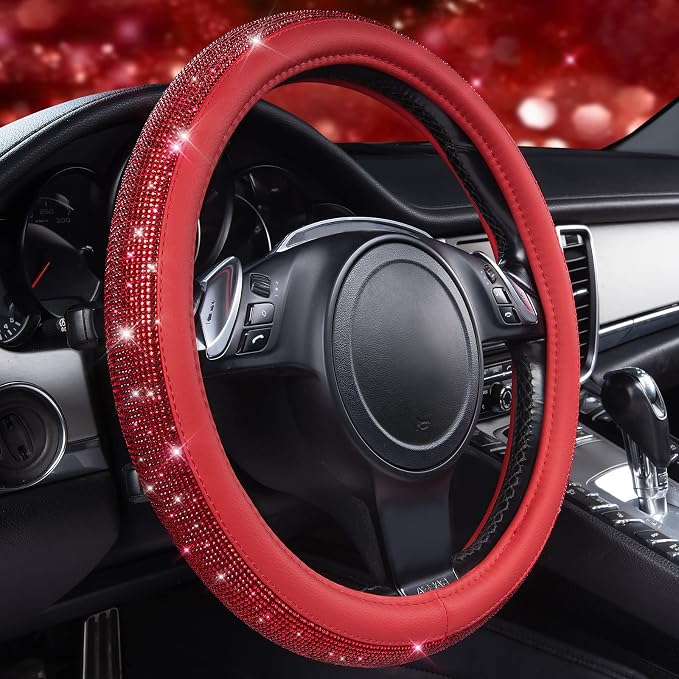 CAR PASS Bling Diamond Leather Steering Wheel Cover, with Bling Sparkly Crystal Glitter Rhinestones Universal Fit 14" 1/2-15" Car Wheel Protect for Women Girl Fit Suvs,Vans,Sedans,Cars,Trucks, Red - Image 2