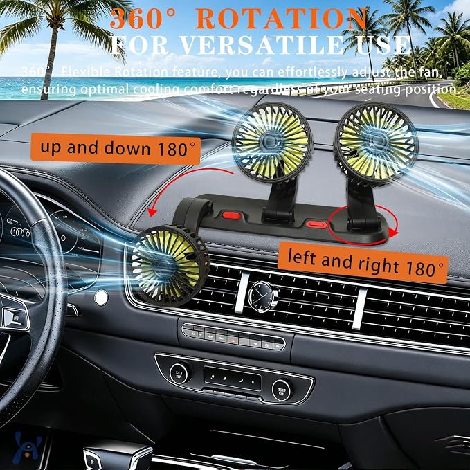 Portable 3-Head Car Cooling Fan 12V-360°Rotation,2 Speeds,Dashboard Fans for Sedan/SUV/RV/Truck/Van Vehicles,Cigarette Lighter Plug (3-Head 12V) - Image 3