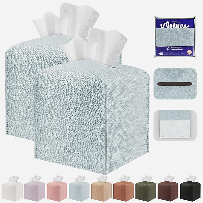 Tissue Box Cover Holder Square Tissue Cube Cover PU Leather Tissue Organizer with Bottom Belt for Bathroom, Tabletop, Car, Night Stands, Office, Home, Kitchen (2, Blue) by DecorateYourHome