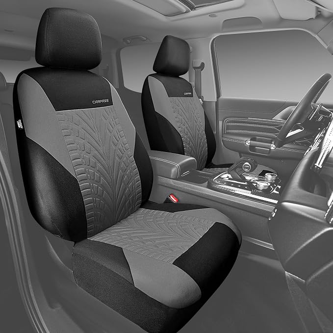 CAR PASS Car Seat Covers Two Front Only for Car, 3D Tyre Print Automotive Interior Covers, Airbag Compatible, Quick Setup Universal Fit Seat Covers for Car, Truck, SUV(Black Gray) - Image 4