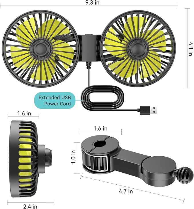 Wowok Car Fan for Rear Seat Passenger Dual Head USB Car Seat Fan for Backseat Kids, 360° Rotatable 3 Speeds Air Circulation Fans for Baby, USB Fans with Adjustable Clip for Vehicles SUV RV Vehicles - Image 6