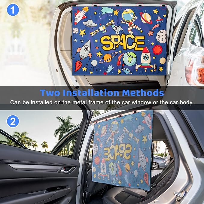 Car Sun Shade Side Window, 2pcs Magnetic Double Layer Car Window Shades for Privacy Full Covers/Half Shade Options Cute Space Pattern Side Window Curtains for Kids - Image 4