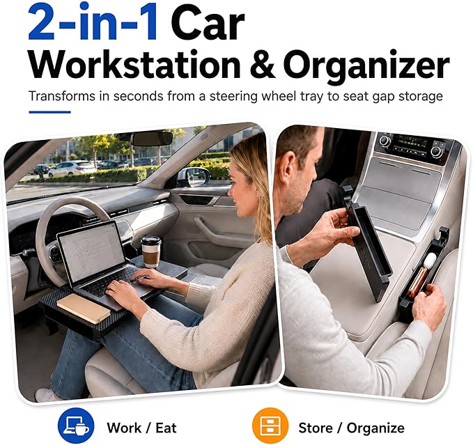 2-in-1 Steering Wheel Tray and Car Laptop Desk with Seat Gap Organizer | Carbon fiber look for working, eating or tablet use, fits standard round steering wheels,use only while safely parked - Image 2