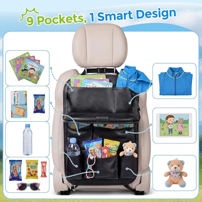 Tsumbay Car Backseat Organizer with Tablet Holder,9 Storage Pockets Foldable Table Tray Seat Back Protectors Kick Mats -PU Leather 1Pck - Image 4