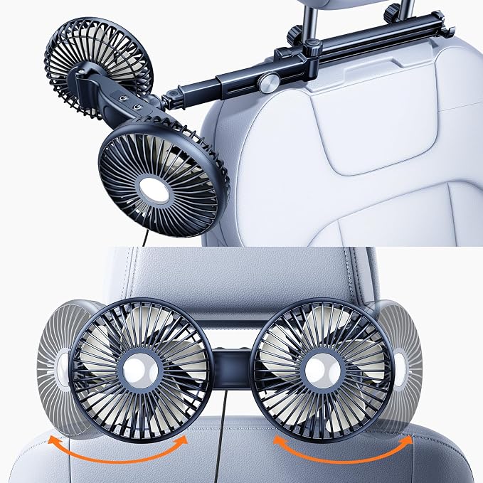 ELOHEI 12V Quiet Car Fan for Backseat Kids with Foldable Stand | 3 Speed 360° Rotate Dual Head Usb Car Fans Strong Wind Power for Universal Cars SUV Sedan Trucks - Image 2