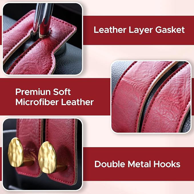 Leather Car Purse Hook for Headrest, 2 Pack (Red-Gold) | Twin Hooks Headrest Hangers, 2/4 Pack, No-Slip, Scratch-Proof, Holds Purses, Backpacks, Grocery Bags, Car Organizer Gift - Image 6