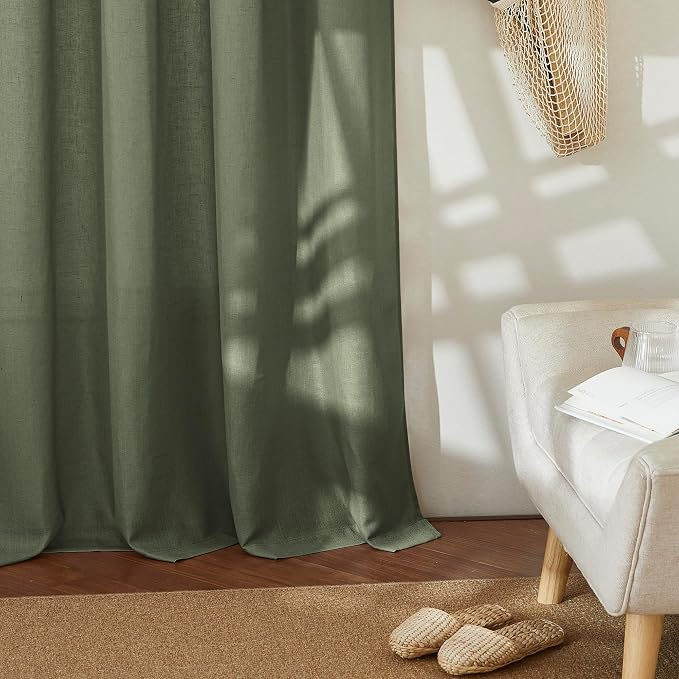 RYB HOME Linen Sheer Curtains 2 Panels for Living Room, Semi Transparent Privacy Drapes with Rod Pocket Farmhouse Style Window Treatments for Bedroom, Olive Green, 52" W x 84" L - Image 5