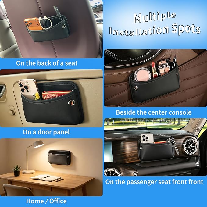 Car Seat Side Pocket Organizer, Nappa Leather Car Trunk Pouch Organizers and Storage, Small Car Side Seat Storage Bag for Auto Front Seat Back Seat Door Console Phone Sunglasses Cards Pen (Black-1PC) - Image 3