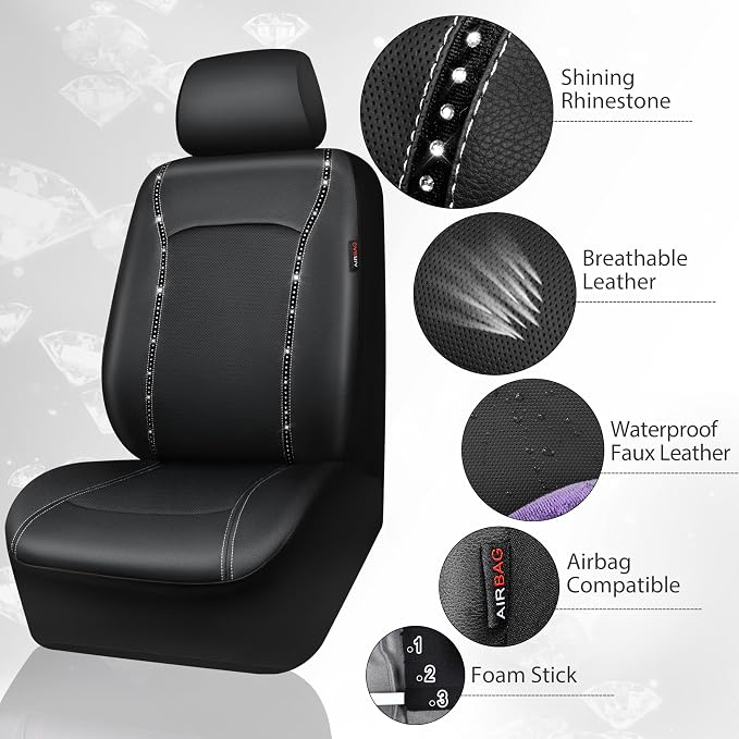 CAR PASS 14 PCS Bling Diamond Car Accessories Set for Women, Leather Seat Covers Front Seats Sparkly Rhinestone 15'' Steering Wheel Covers Shining Diamond Car Floor Mats Cute Interior Sets, Silver - Image 5