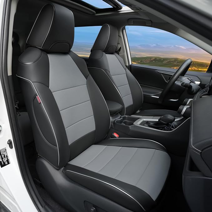 Lolcar Rav4 Seat Covers Custom Fit for Toyota Rav4 (for Hybrid) 2019-2025 LE,XLE,XLE Premium,Limited,Woodland Edition, Leather Truck Seat Cover Full Set for SUV,Faux Leather(Black/Gray) by LOLCAR