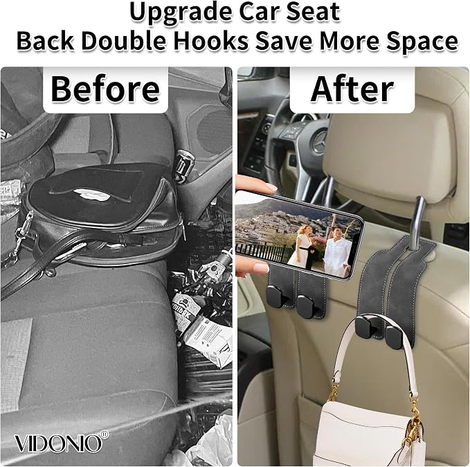 Suede Leather Headrest Hooks for Car, 2 Pack Double Seat Back Organizer Hooks for Purses & Bags, Heavy Duty Metal Car Purse Holder for Handbags, Grocery Bags, Universal Vehicle Storage Accessories - Image 6