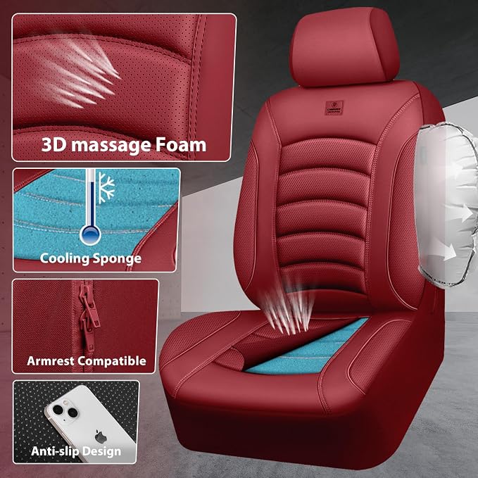 CAR PASS 3D Foam PU Leather Car Seat Covers, Universal Seat Covers Full Sets for Trucks SUV Sedan Automotive Seat Covers Armrest Airbag Compatible Waterproof Comfortable Faux Nappa Leather Burgundy - Image 3