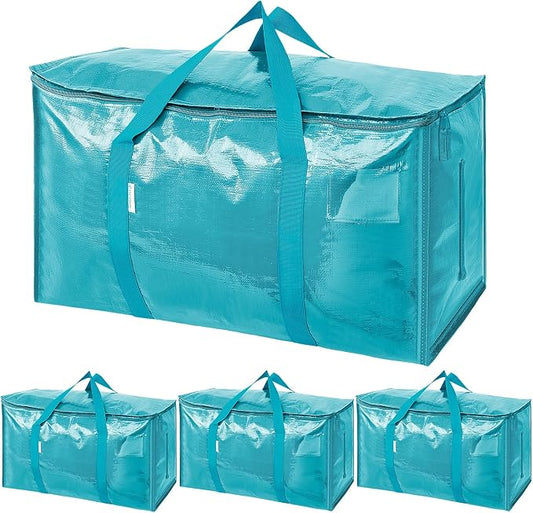 TICONN 4 Pack Extra Large Moving Bags Heavy Duty with Zippers & Carrying Handles, Durable Storage Bags Moving Boxes for Closet Organizers and Storage (4 Pack, Aqua) by TICONN