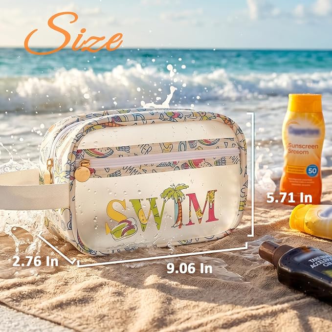 COSHAYSOO Clear SWIM Bag Swimming Pool Day Accessories for Women Teen Girls Bikini Swimsuit Goggle Cap Sunscreen Hair Makeup Organizer, Cute Swimmer Team Gifts Travel Waterproof Small Pouch, Tropical - Image 2