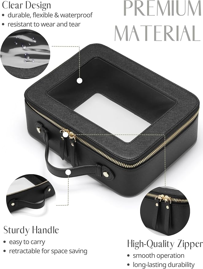 Clear Toiletry Bag 2 Pack, Travel Makeup Bag Medium and Large Black | Structured Clear Cosmetic Case with Zipper, Car Essential Organizer Bag for Women, Waterproof PU Leather, Wide Open Portable - Image 5