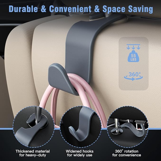 4-Pack Car Headrest Hooks Holds 55lbs Seat Storage Organizer for Bags | Durable ABS Material, 360° Rotating, Car Hanger for Backpack Umbrella Water Bottle Coat Purses Handbags Groceries, Grey - Image 3