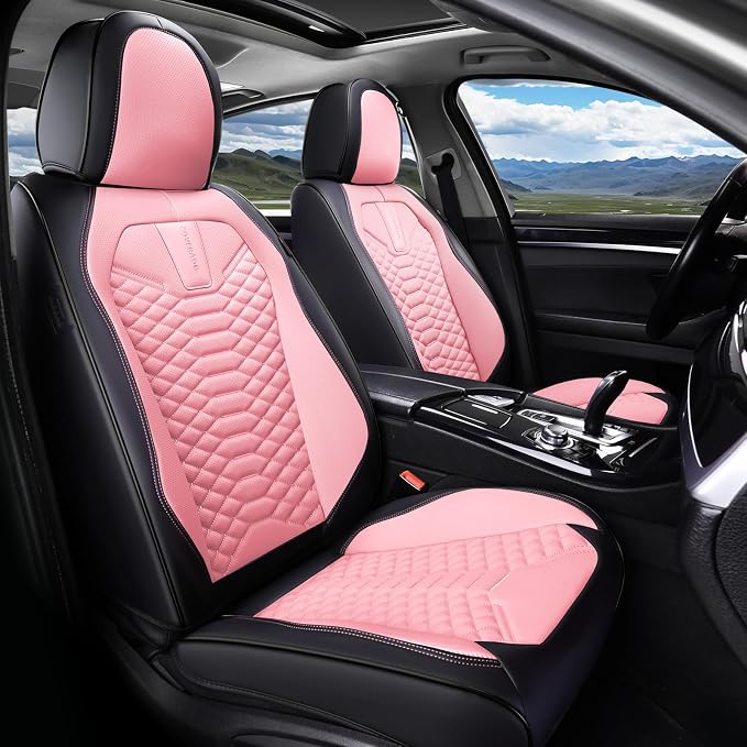 Coverado Seat Covers Full Set, Waterproof Nappa Leather Seat Covers for Cars, 5 Seats Universal Car Seat Protectors, Black and Pink Leather Car Seat Covers Car Seat Cushions Fit for Most Cars - Image 8