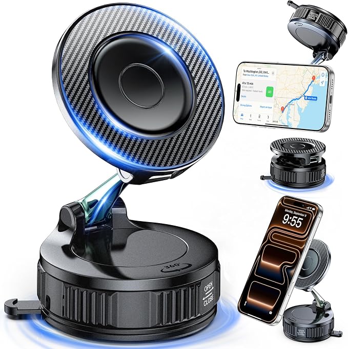 Car Phone Holder for Magsafe – [Carbon Fiber] Phone Mount for Car [Super Strong Magnetic, 360° Adjustable, 108LBS Vacuum Suction] Phone Holders for Your Car, Car Accessories for iPhone 17–12 Series | Super strong magnetic, 108LBS vacuum suction, Compat... by WelcometoEGV
