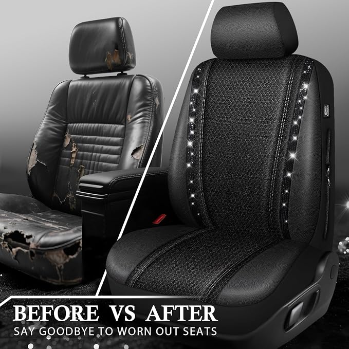 CAR PASS Memory Foam 3D Mesh Bling Diamond Car Seat Cover Full Set Breathable Soft Sponge Universal Shining Glitter Sparkly Crystal Armrest Fit Automotive Truck SUV Cute Women Girl, Black Rhinestone - Image 5