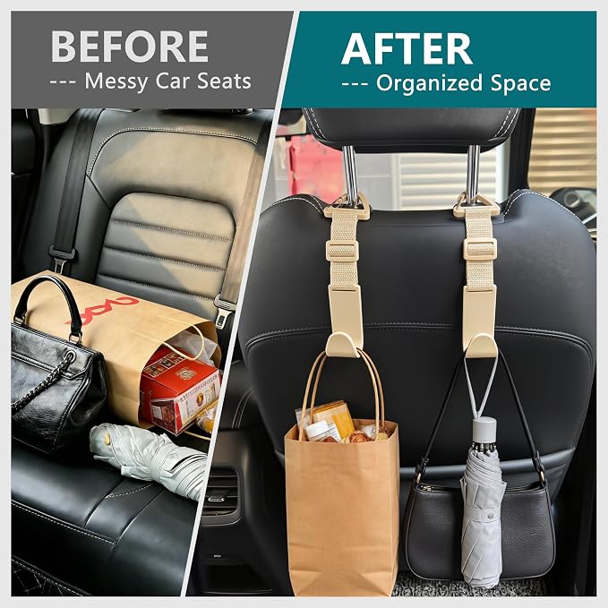 Amooca 4 Pack Anti-drop Headrest Hooks Adjustable Car Seat Organizer | Universal Fit with Clip, Hanger for Backpack Umbrella Water Bottle Coat Purses Handbags Groceries, 40lb Heavy Duty, Beige - Image 4