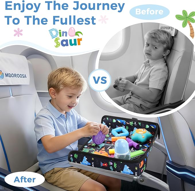 COOLBEBE Airplane Tray Table Cover, Foldable Travel Tray Cover | for Toddlers 1-3, Universal Fit for Airplane, Car Seat, High Chair, Machine Washable, Portable, Black Dinosaur - Image 5