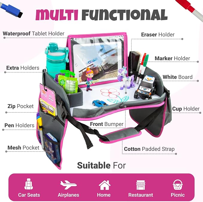 Kids Travel Tray with Dry Erase Board - Car Seat Tray for Kids Travel, Carseat Table Top for Toddler, Lap Desk for Car Seat, Activity Organizer & Snack Holder, Road Trip Essentials for Kid (Pink) - Image 4