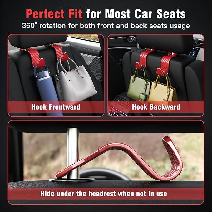 4-Pack Car Headrest Hooks Holds 55lbs Seat Storage Organizer for Bags | Durable ABS Material, 360° Rotating, Car Hanger for Backpack Umbrella Water Bottle Coat Handbags Groceries, Checkered Red - Image 3