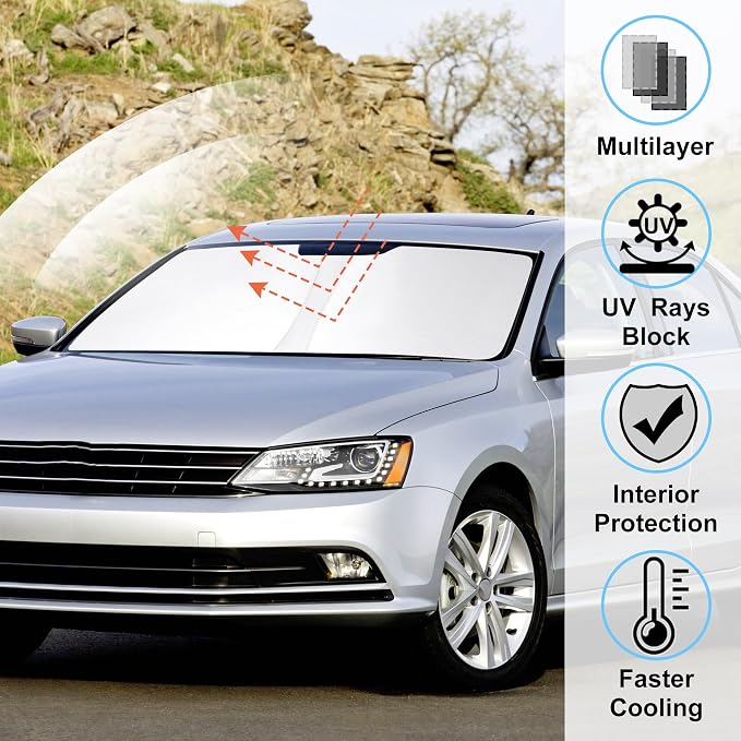 Windshield Sun Shade for 2013-2018 Volkswagen Golf MK7 | Full covered for windshield, Foldable & Durable, Block UV Rays, Reduce Heat, Easy to install, Keep Car Cooler - Image 2