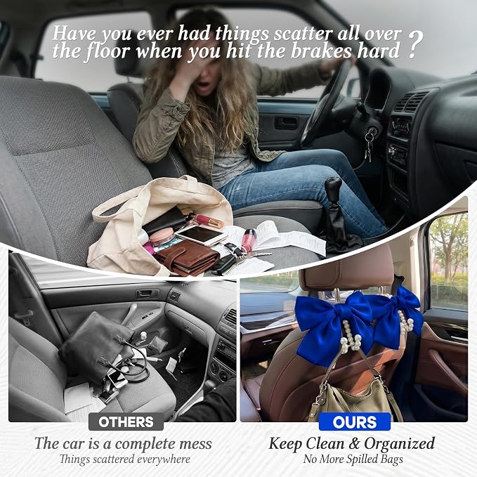 2PCS Satin Bow Pearl Car Seat Headrest Hooks – Car Bag Holder & Vehicle Hanger for Purses – Cute Coquette Aesthetic Interior Decoration – Cute Auto Organizer Accessories Universal (Deep Blue) - Image 5