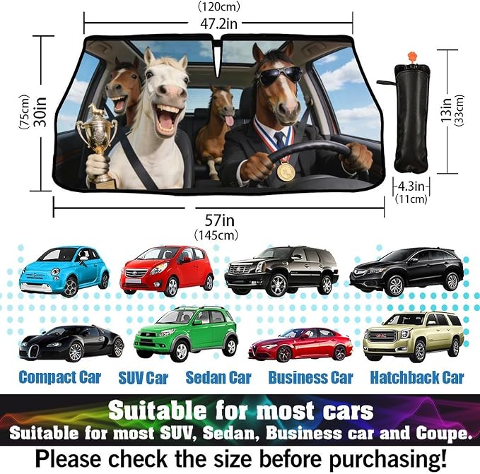 Horse Car Windshield Sun Shade Umbrella Bendable Handle Foldable Funny Horse Animal Driving Sunshade for Car Windshield Block UV Rays Keep Vehicle Cool for Most Sedans SUV Trucks 57"x30" - Image 3
