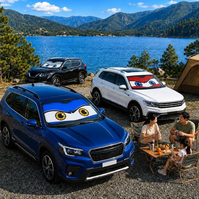 Car Windshield Sun Shade Umbrella, Universal Fit Mid-Large Sedans & SUVs | 57 x 31" Car Sun Visor, Foldable UV Heat Blocking Auto Sunshade with Rearview Mirror Cutout, Monster Blue Eyes - Image 8