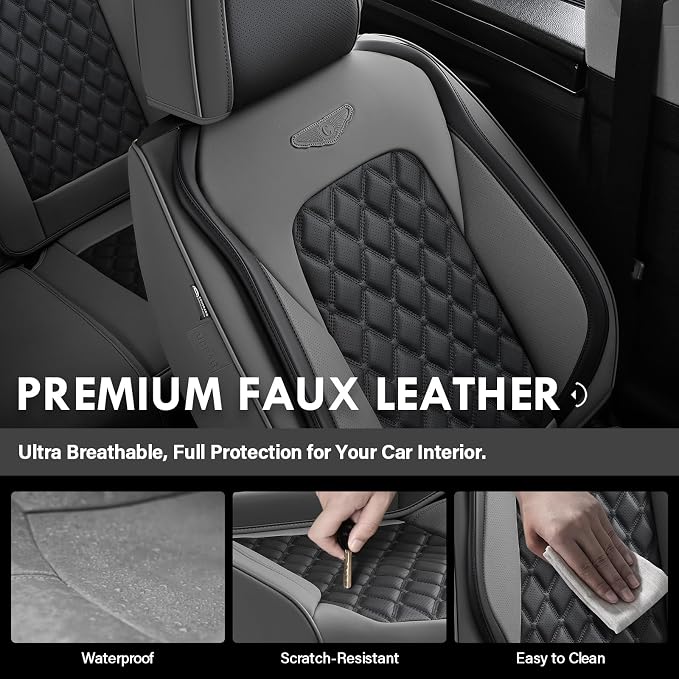 Coverado Universal Car Seat Covers Full Set, Minimalist Scratch-Resistant Waterproof Faux Leather Front & Rear Seat Protectors, Business Daily Driving – GrayBlack - Image 7