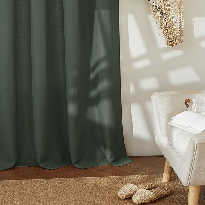 RYB HOME Linen Sheer Curtains 2 Panels for Living Room, Semi Transparent Privacy Drapes with Rod Pocket Farmhouse Style Window Treatments for Bedroom, Hunter Green, 52" W x 95" L - Image 5