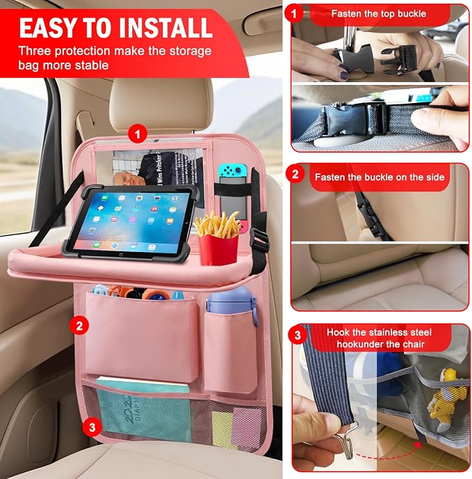 2Pack Car Backseat Organizer with Foldable Table Tray,6 Storage Pockets Car Storage Organizer with Tablet Holder,Car Seat Back Protectors Kick Mats Travel Accessories (Pink) - Image 7