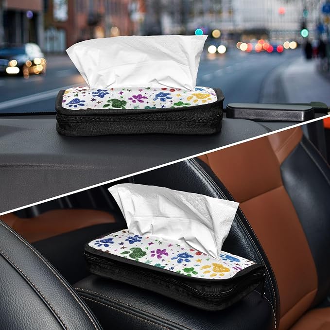 Car Tissue Holder Car Napkin Holder Car Tissue Box Dispenser Storage Case Sun Visor Mask Holder with Adjustable Straps Reusable Refillable Paw Prints and Stars - Image 8