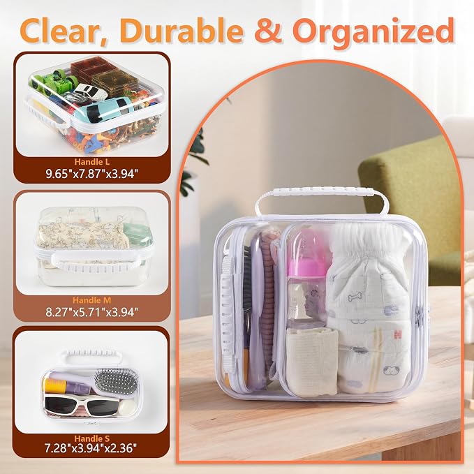 3PCS Travel Essentials for Toiletries, 1.2MM Clear Hard Shell Zipper Case | Makeup Bag for Cosmetics, Puzzles and Snacks, Clear Travel Bag for Diaper Bag Organizer, with Handles - Image 2