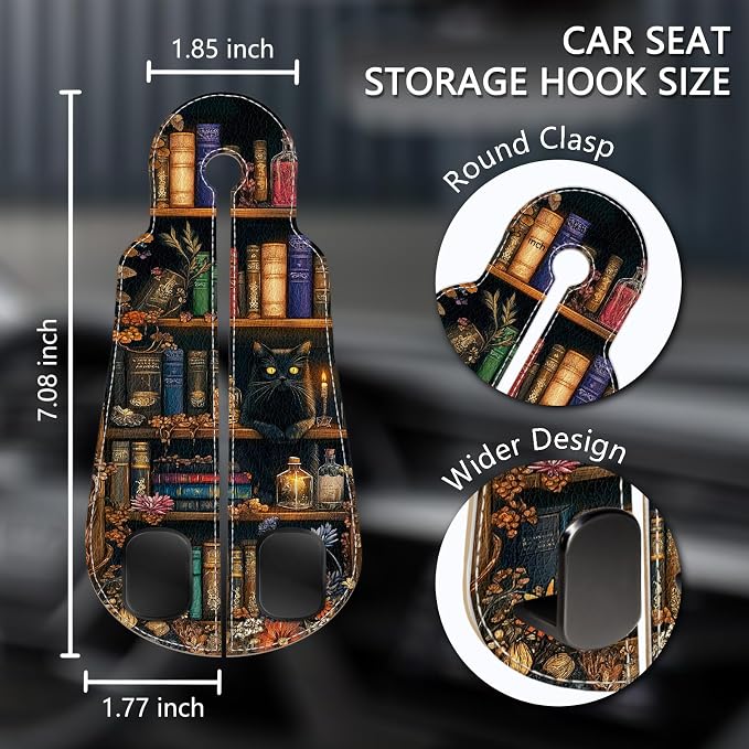 Blusabaca 2PCS Car Hooks for Purses and Bags, Goth Gothic Bookshelf Black Cat Seat Back Storage Headrest Holder Hanger PU Leather Double Metal Backseat Organizer, Women Car Accessories Organization - Image 5