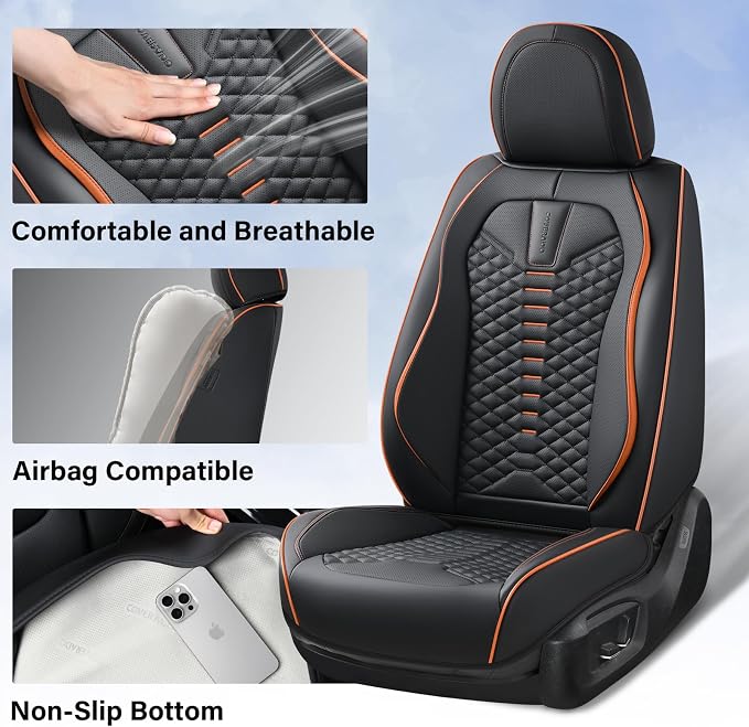 Coverado Leather Seat Covers, Car Seat Covers Full Set, Nappa Leather Seat Covers for Cars, Car Seat Protectors Waterproof, 5 Seats Black&Orange Automotive Seat Covers Fit for Most Cars Trucks - Image 4