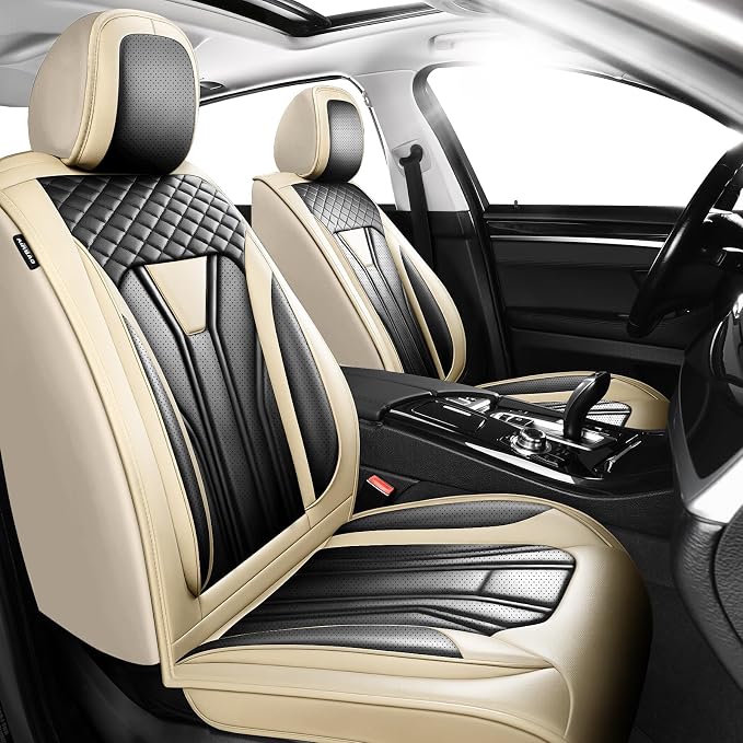 Fit Tundra Premium Leather Car Seat Covers for Toyota Tundra 2007-2025 2026 - Waterproof，Breathable，All-Weather Seat Cushion Protecto & Airbag Compatible, 2 Front Seat Beige&Black by Unknown