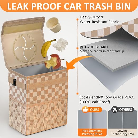 Vankor Car Trash Can with Lid Leak Proof Car Accessories for Women | 2.2 Gallon Cute Hanging Car Trash Bin for Men Car Truck Vehicle Interior Automotive Garbage Cans, Khaki Checkered - Image 3