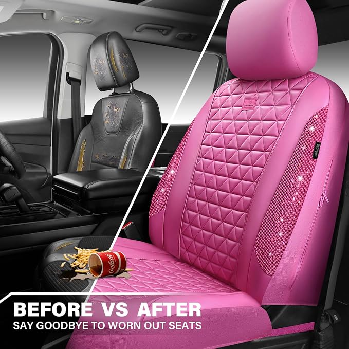 CAR PASS Hot Pink Bling Diamond Leather Car Seat Covers Full Sets, Waterproof Shining Glitter Sparkly Crystal Universal Armrest Fit for Automotive Truck SUV Cute Women Girl,Hot Pink Rhinestone - Image 7