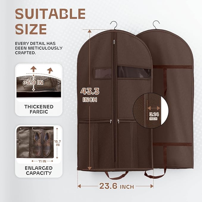 Lazebox 43" Travel Garment Bag with Accessories Zipper Pocket, Heavy Duty Suit Bag for Suits, Tuxedos, Dresses, Coats, Brown, 1 pack - Image 3