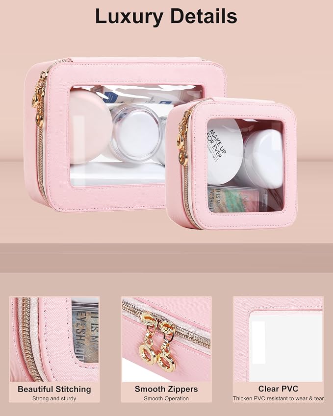 Leather Clear Makeup Bags Set - Travel Clear Cosmetic Bag Case with Zipper, Transparent TSA Approved Toiletry Bags for Travel Essentials Car Accessories for Women (Pink, S+M) - Image 3