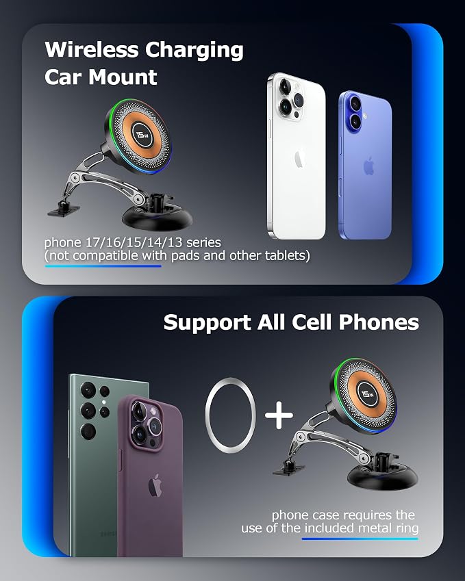 ZBF Magnetic Wireless Charging Car Phone Holder with 15W Fast Charging & Strong Vacuum Suction, 360° Rotatable Dashboard & Windshield Mount for Magsafe iPhone 17/16/15/14/13 Android Galaxy S24/S23/S22 - Image 5