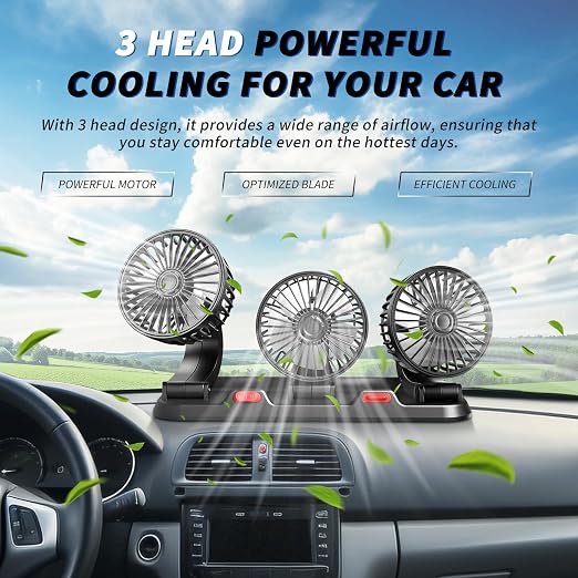 Portable 3-Head Car Cooling Fan with USB Plug | Powerful Airflow Fan for Vehicles Cars Taxi and Road trips - Image 2