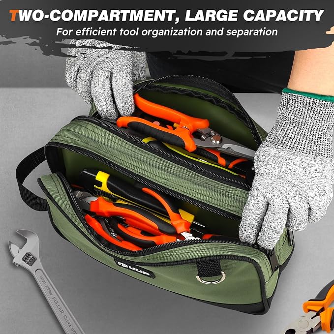 12" Small Tool Bag, Divider Zipper Pouch Tool Box Organizer | Waterproof, Heavy-duty Oxford, Smooth Zipper, Handle & D-Ring, Storage Case for Car Work Tool. Electrician Gift,Green - Image 3