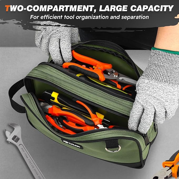 12" Tool Bag Small 2-Pack, Divider Zipper Pouch, Carry Tool Box Organizer | Waterproof, Heavy-duty Oxford, Smooth Zipper, Handle & D-Ring, Storage Case for Car Work Tool. Electrician Gift, Orange/Green - Image 2